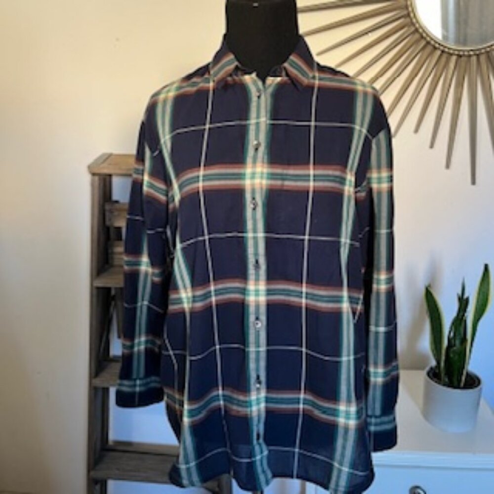 🧡3/15 Madewell Blue Plaid Semi-Sheer Button Down Shirt Women's XS